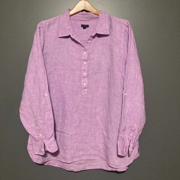 Talbots Womens Size XL Purple 100% Linen Long Sleeve Roll Tab Tunic V-Neck - Picture 1 of 7